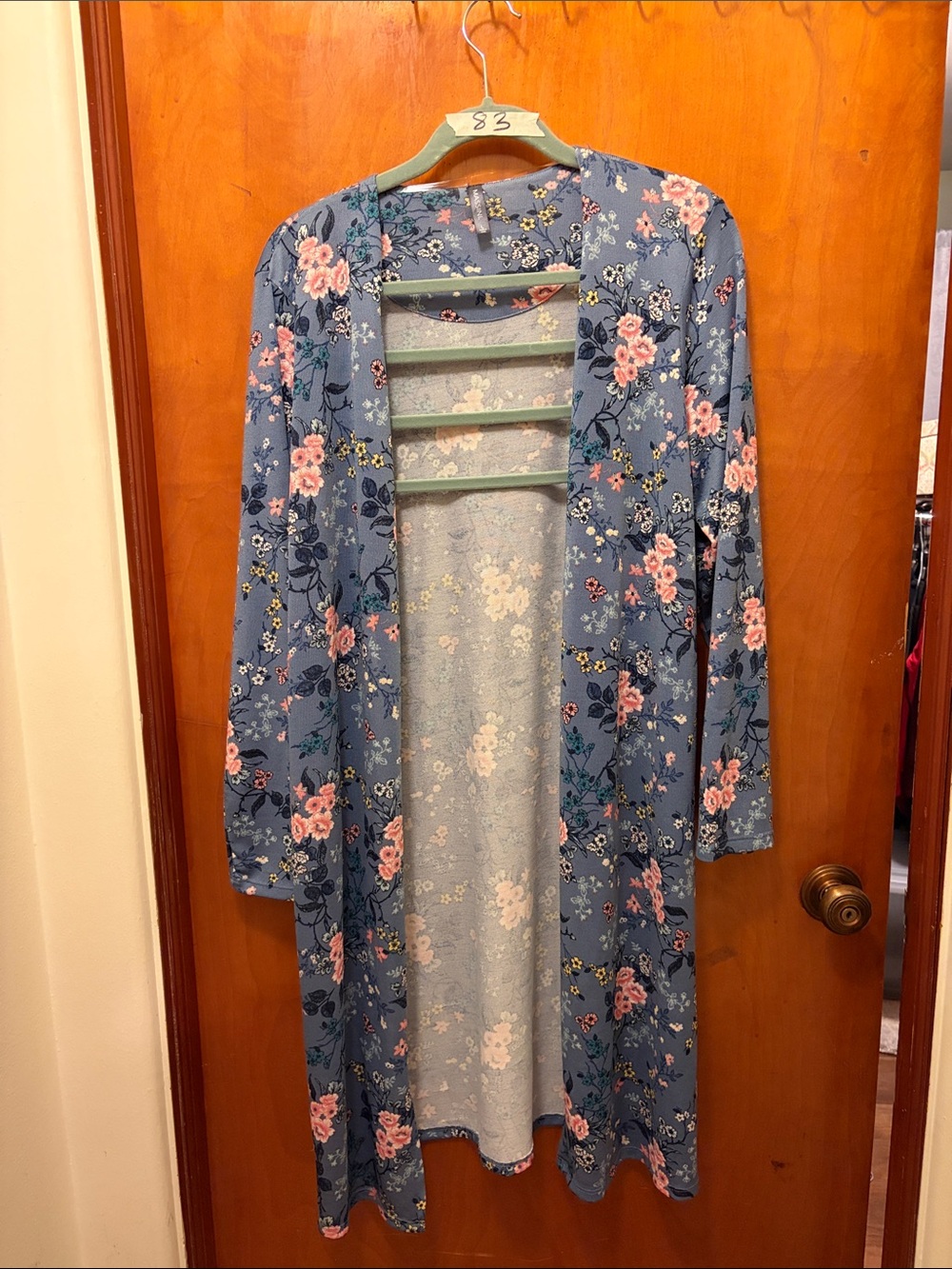 Massini Slate Blue Floral Open-Front Cardigan with Pink Flowers
